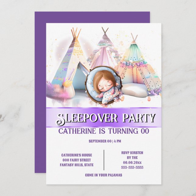 Girl sleeping glamping slumber sleepout teepee  invitation (Front/Back)