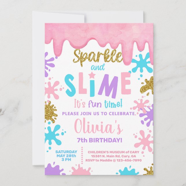 Girl slime birthday party invitation, Slime. Invitation (Front)