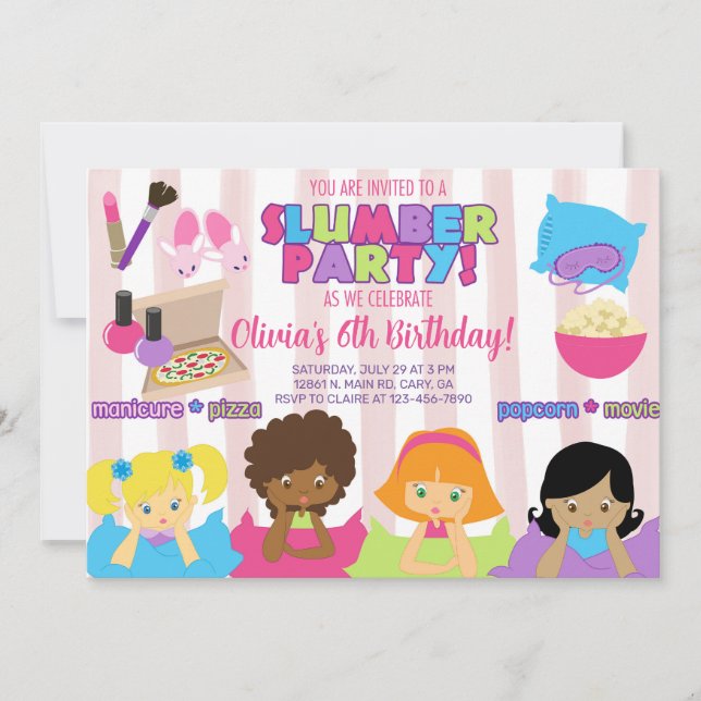 Girl slumber party birthday invitation, invite. invitation (Front)