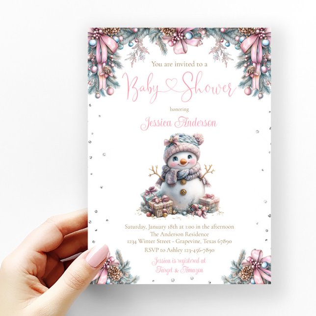 Girl Snowman Baby Shower Invitation (Cute baby girl snowman baby shower invitation with adorable baby snowman.)