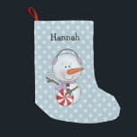 Girl Snowman Personalised Small Christmas Stocking<br><div class="desc">An adorable kids personalised Christmas stocking,  featuring a cute snowman illustration. Easily personalise with your child's name. Perfect for a little girl! Graphics © Scrappin Doodles at www.scrappindoodles.com</div>