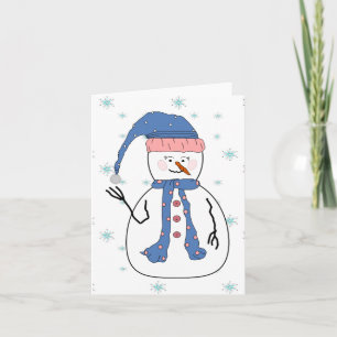 Girl Snowman, Snowing Snow Whimsical Primitive Art Holiday Card