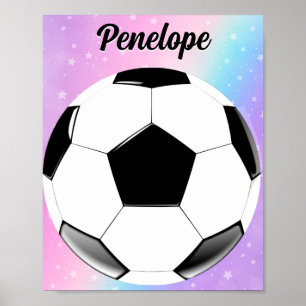 Girl Soccer Ball Pastel Stars Personalised Name Poster