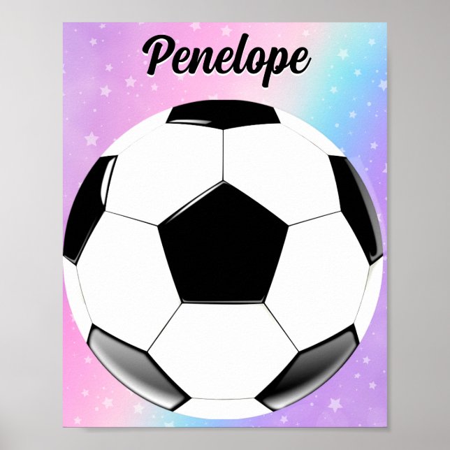 Girl Soccer Ball Pastel Stars Personalised Name Poster (Front)