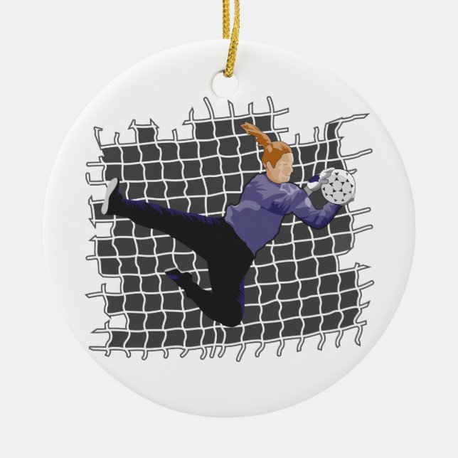 girl soccer goalie save ceramic tree decoration (Front)