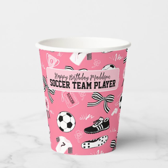 Girl Soccer Player birthday party girly pink  Paper Cups (Front)