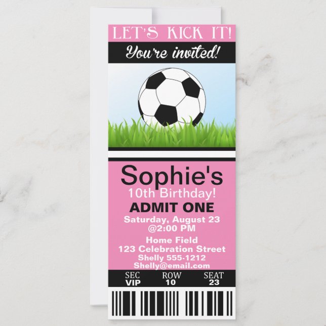 Girl Soccer Ticket birthday invitation customise (Front)
