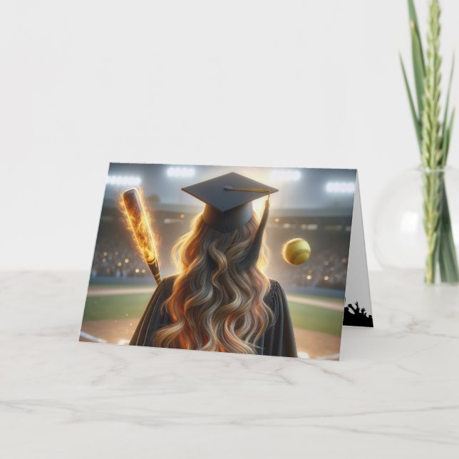 Girl Softball Player Graduate With Fiery Bat Card (Front)