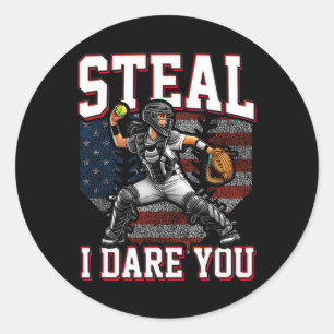 Girl Softll Catcher Steal I Dare You With American Classic Round Sticker