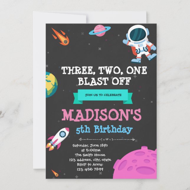Girl space birthday theme invitation (Front)