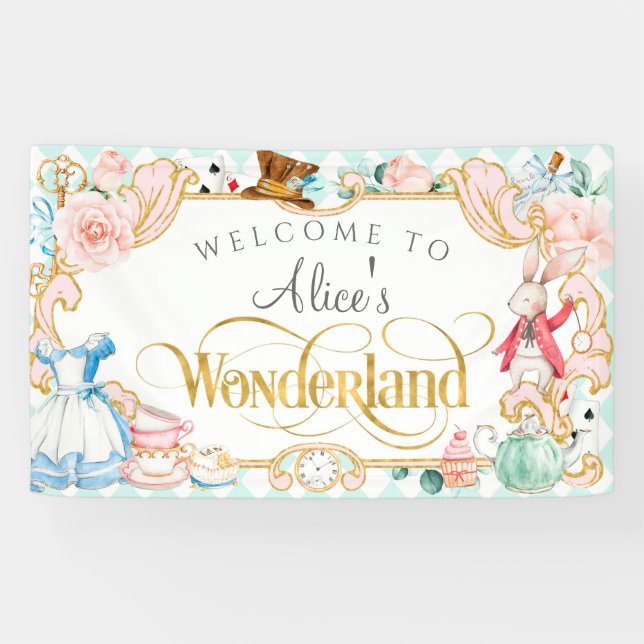 Girl spring birthday Alice in wonderland tea party Banner (Horizontal)