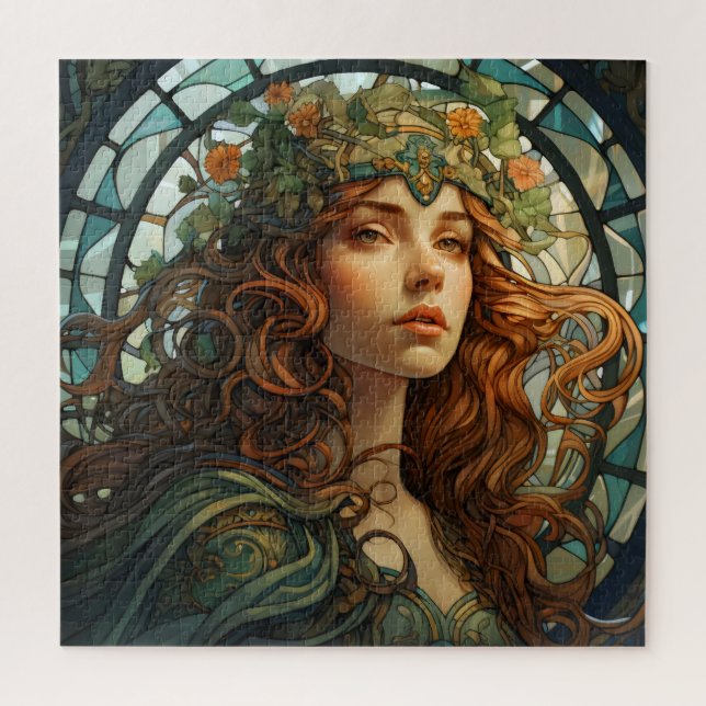 Girl Stained Glass Art Nouveau Jigsaw Puzzle (Vertical)