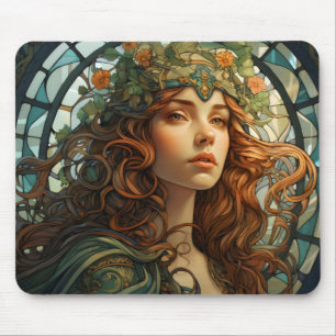 Girl Stained Glass Art Nouveau Mouse Pad
