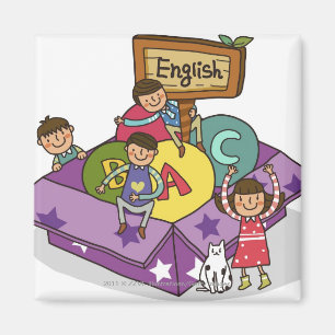 Girl standing with arms raised and boys sitting magnet