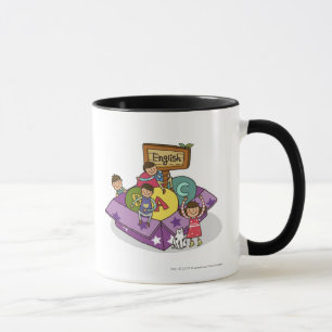 Girl standing with arms raised and boys sitting mug