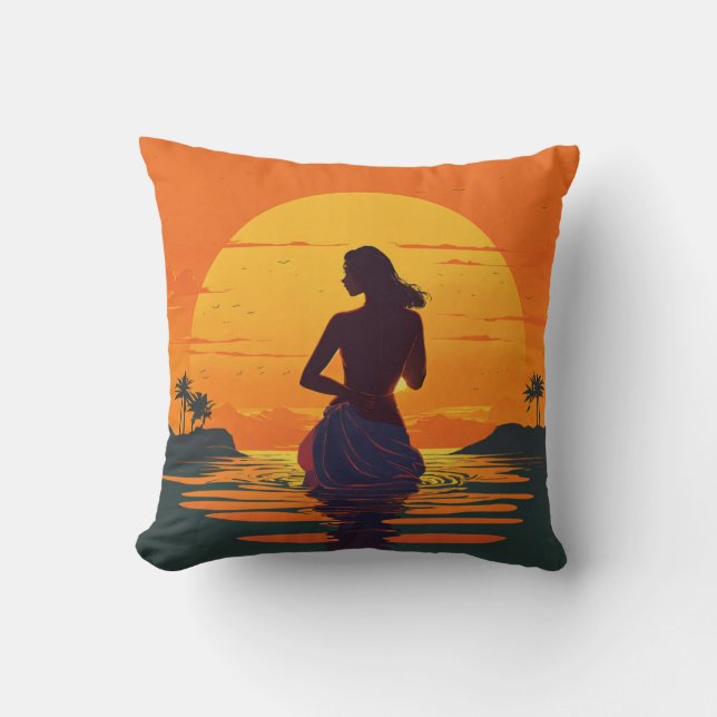girl stands in water silhouette at sunset vector  cushion (Front)