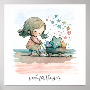 Girl Stars Watercolor Nursery Wall Art