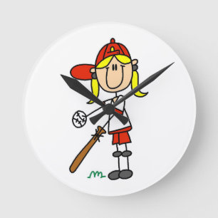 Girl Stick Figure Baseball Up At Bat Round Clock