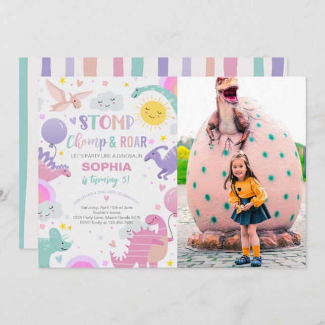 Girl Stomp Chomp & Roar Dinosaur Birthday Photo Invitation (Front/Back)