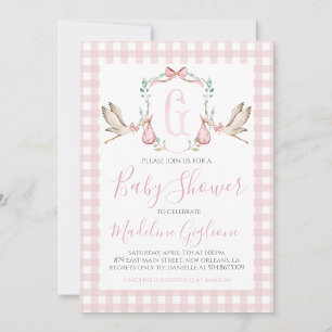 Girl Stork Baby Shower Preppy Gingham Pink Invitation