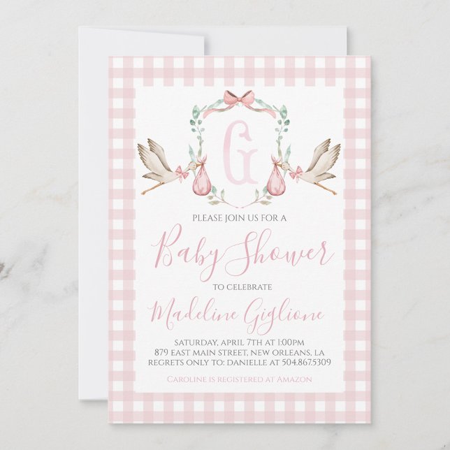 Girl Stork Baby Shower Preppy Gingham Pink Invitation (Creator Uploaded)