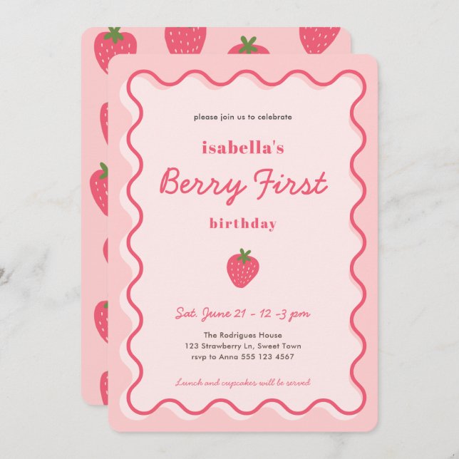 Girl Strawberry Berry First 1st Birthday Invitation (Front/Back)