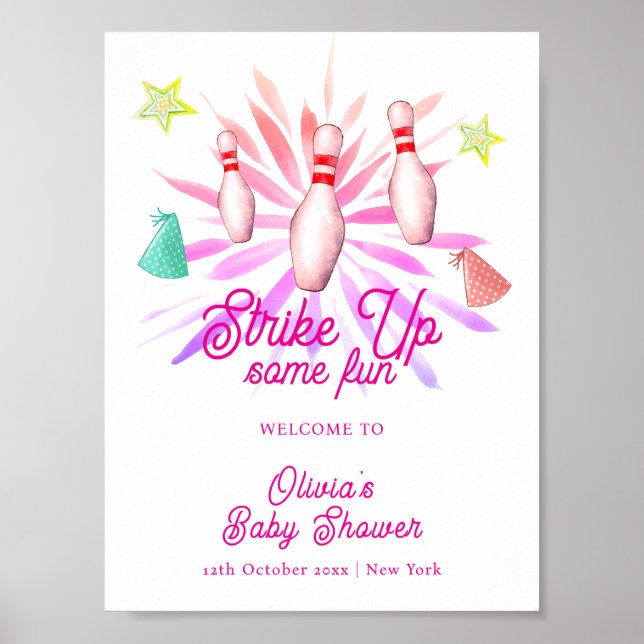 Girl Strike Up Bowling Baby Shower Welcome Poster (Front)