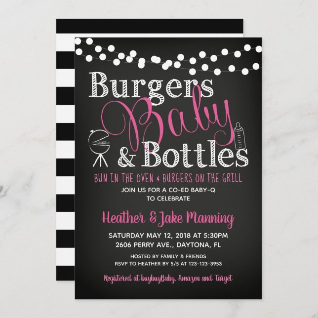 Girl Stripe Chalkboard BBQ Baby Shower Invitation (Front/Back)