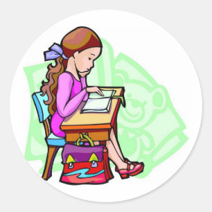 Girl Studies At Desk Classic Round Sticker
