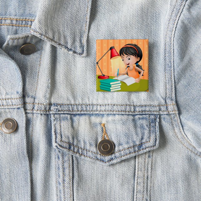 Girl Studying at Desk Doing Homework 15 Cm Square Badge (Creator Uploaded)