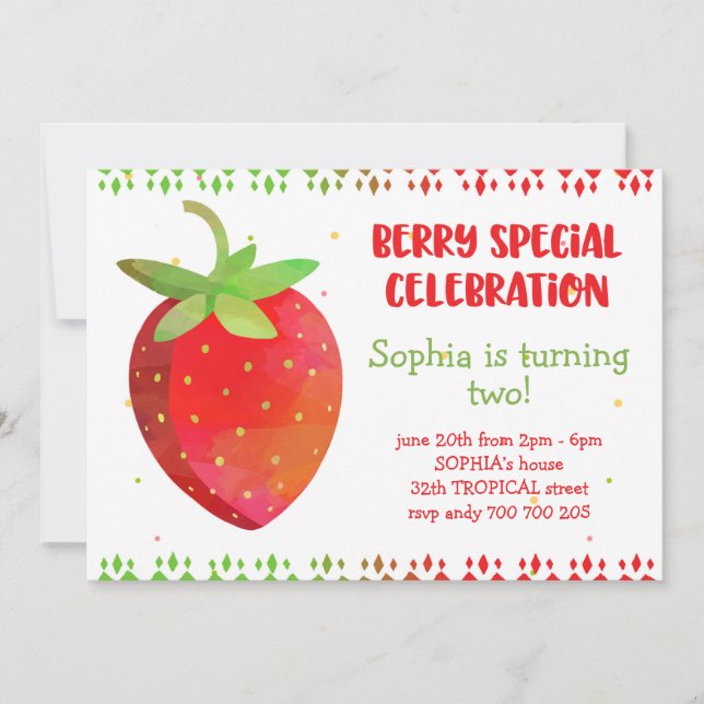Girl Summer Birthday Berry Special Strawberry Cute Invitation (Front)