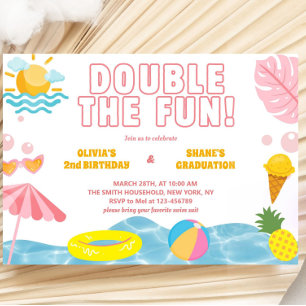 Girl Summer Sibling Birthday and Graduation Joint  Invitation