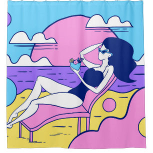 girl sunbathes on the beach with a cocktail in han shower curtain