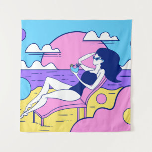 girl sunbathes on the beach with a cocktail in han tapestry