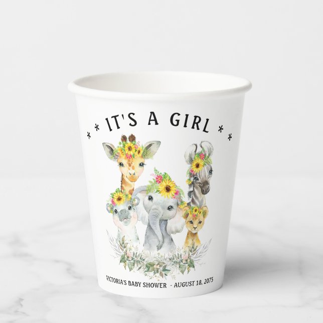 Girl Sunflowe Safari Animal Baby Shower Paper Cups (Front)