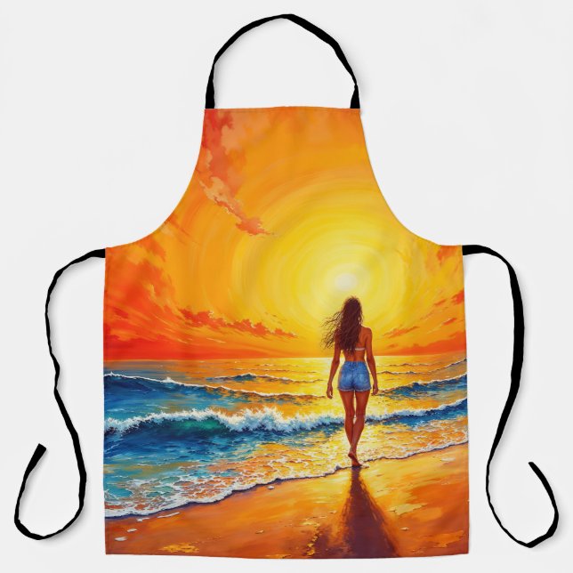 Girl sunset beach walk ocean waves decor apron (Front)
