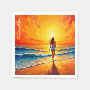 Girl sunset beach walk ocean waves decor napkin