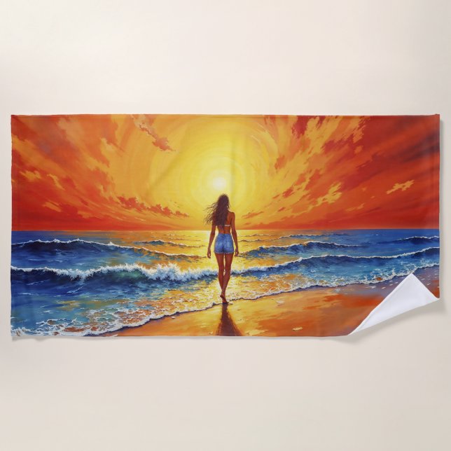 Girl sunset beach walk ocean waves decor towel (Front)