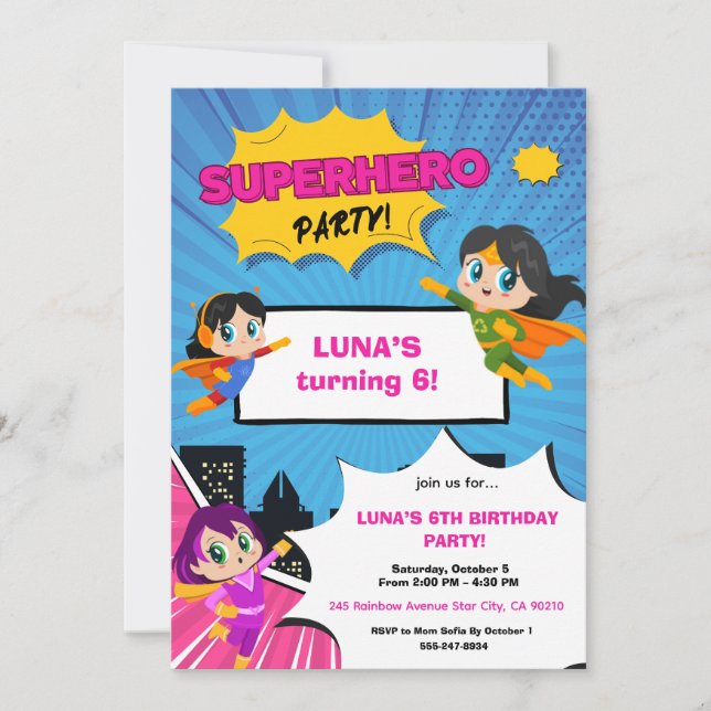 Girl Superhero Birthday Invitation (Front)