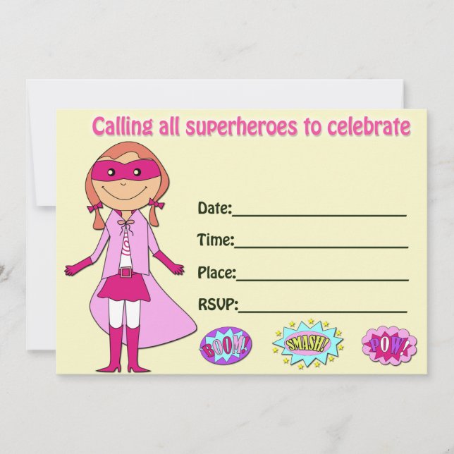 Girl superhero birthday invitation fill in blank (Front)