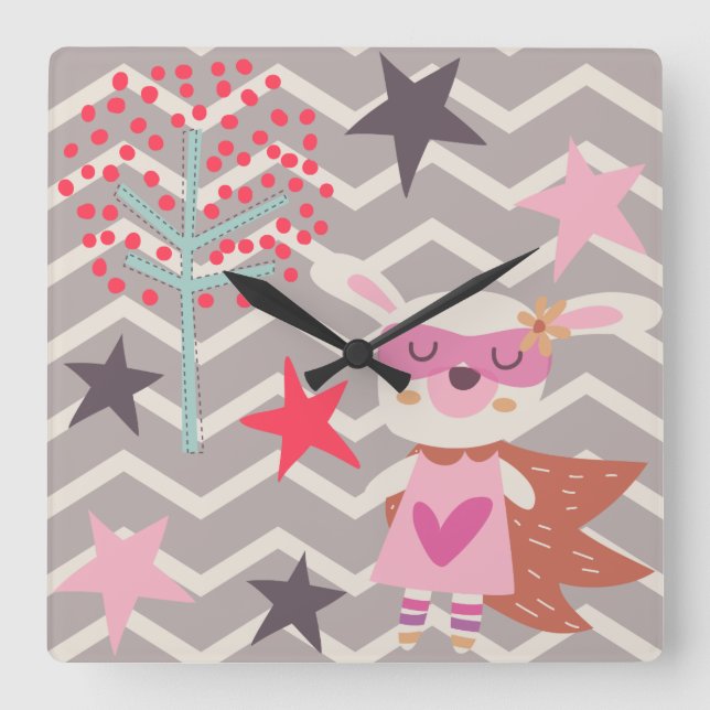Girl Superhero Bunny Square Wall Clock (Front)