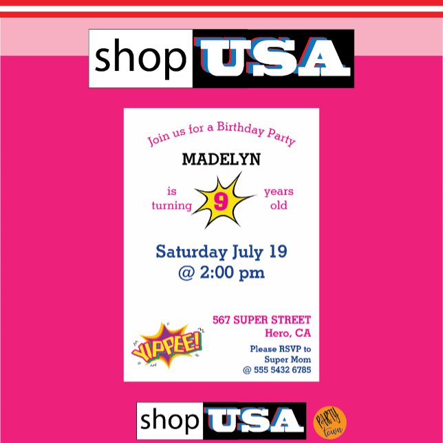 Girl Superhero Flying 💥 Birthday Photo Invitation ("Personalized superhero birthday card"
"Custom superhero birthday card"
"Superhero card with child's)