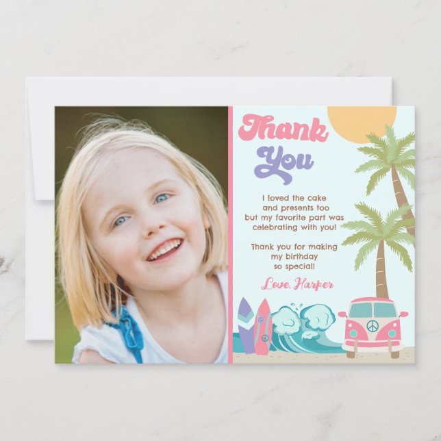Girl Surf's Up Beach Surf Birthday Thank You Cards (Front)