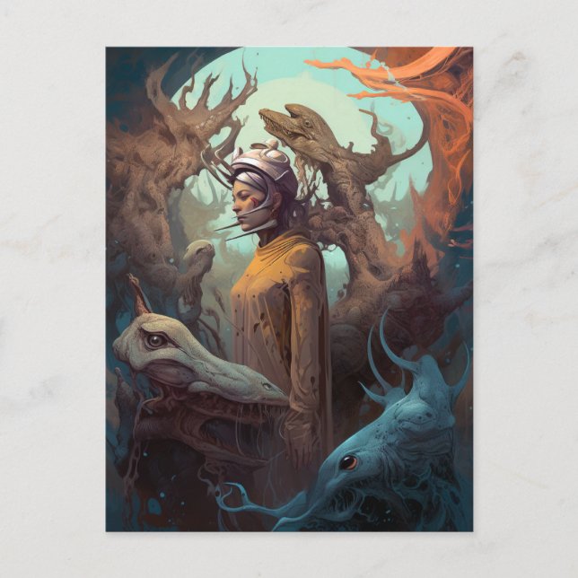 Girl Surrounded By Alien Monsters Surreal Art Postcard (Front)