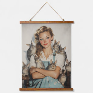 Girl Surrounded by Bunnies Hanging Tapestry