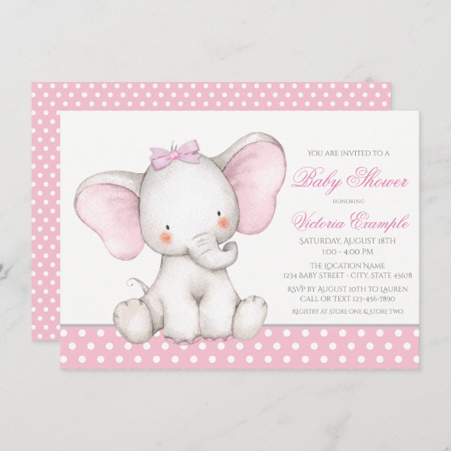 Girl Sweet Elephant Baby Shower Invitations (Front/Back)