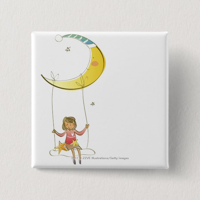 Girl swinging on a rope hanging from crescent moon 15 cm square badge (Front)