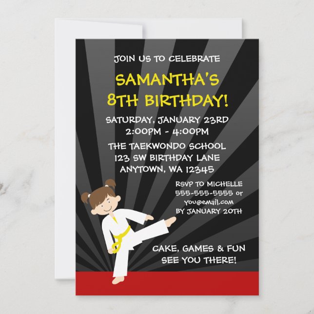 Girl Taekwondo Karate Yellow Belt Birthday Invitation (Front)