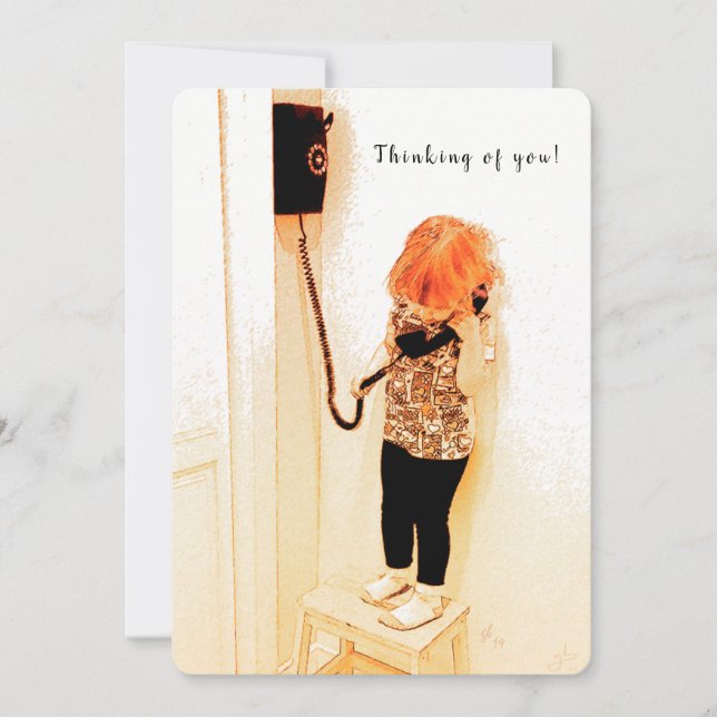 Girl Talking on Old Wall Phone, Thinking of you Holiday Card (Front)
