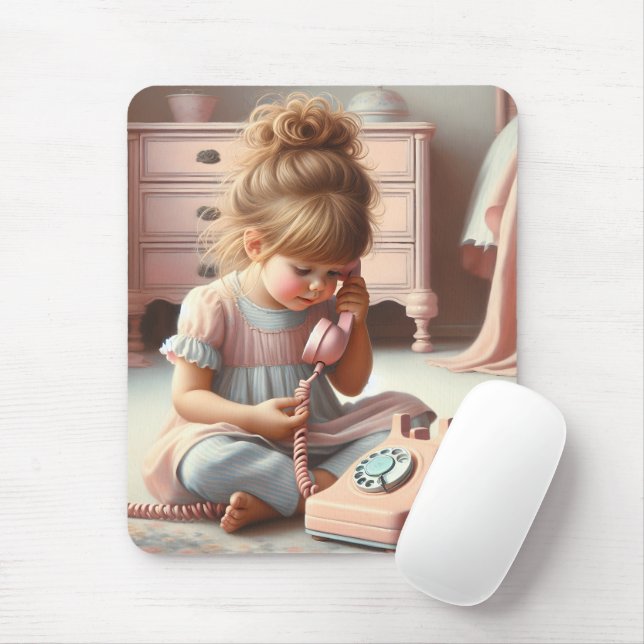 Girl Talking On Retro Pink Telephone Mouse Pad (With Mouse)